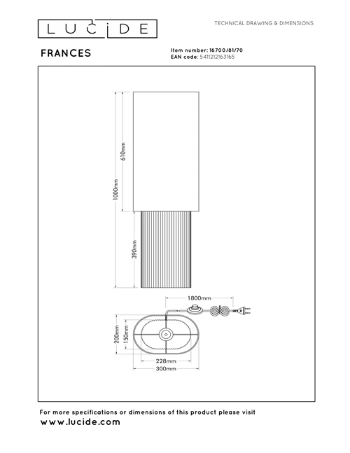 Lucide FRANCES - Lámpara de suelo - 1xE27 - Blanco - Vibes - técnico